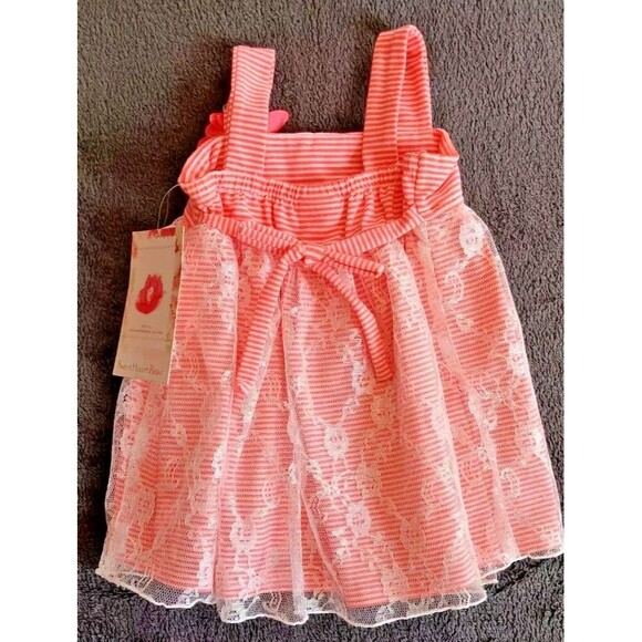 dress 18 month new Girls Sweet Heart Rose Coral Striped party With Lace Over Lay - Picture 3 of 5